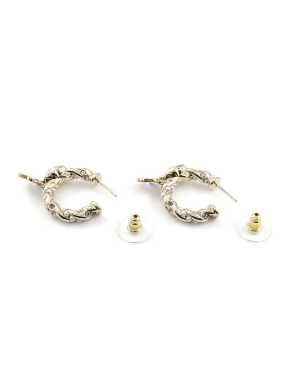 Chanel Earrings CC Logo Hoop Rhinestone Faux Pearl